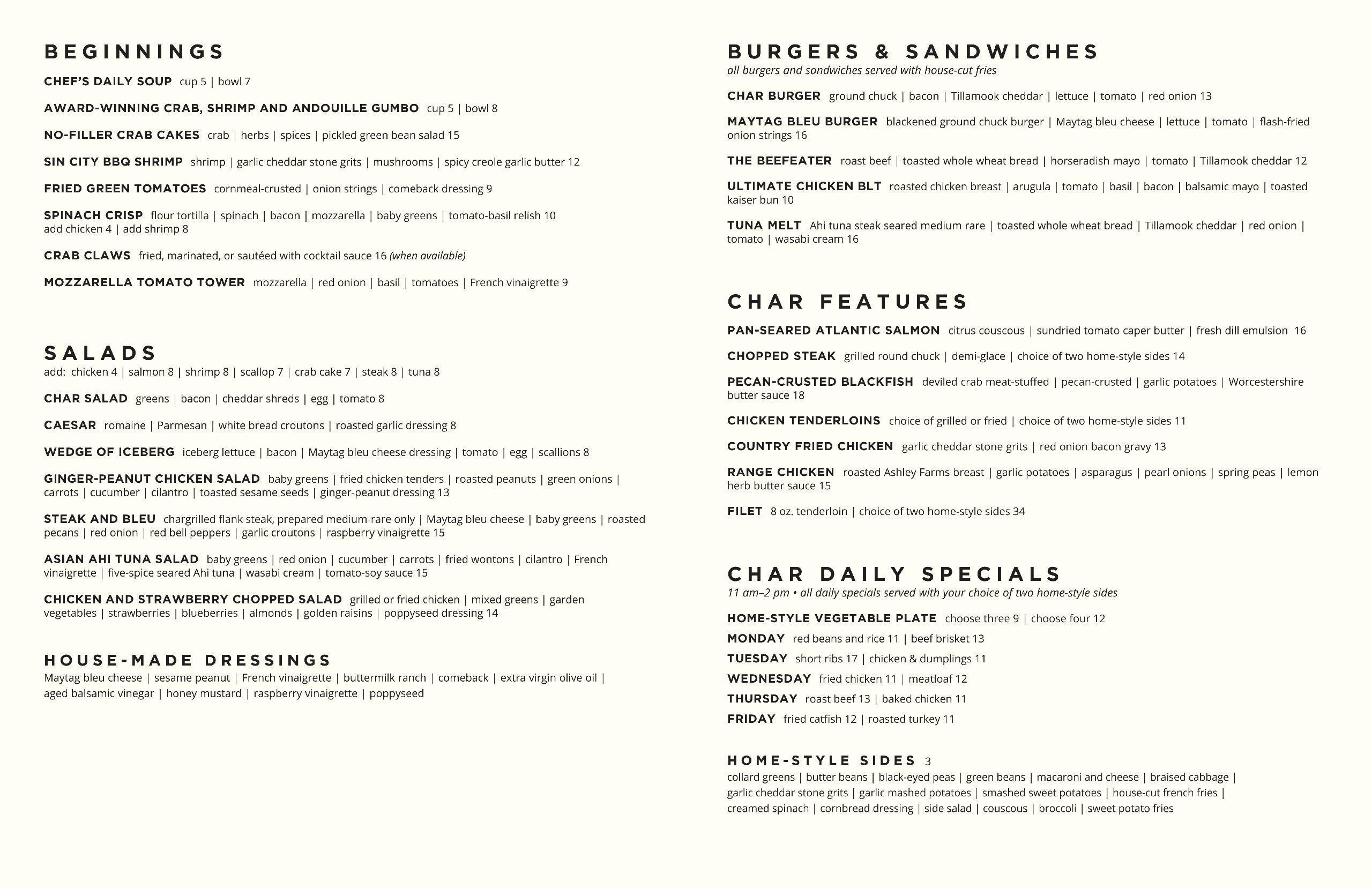 Char menu with prices
